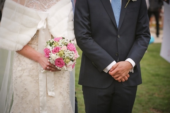 wedding, wedding bouquet, wedding dress, suit, standing, ceremony, groom, bride, togetherness, partners