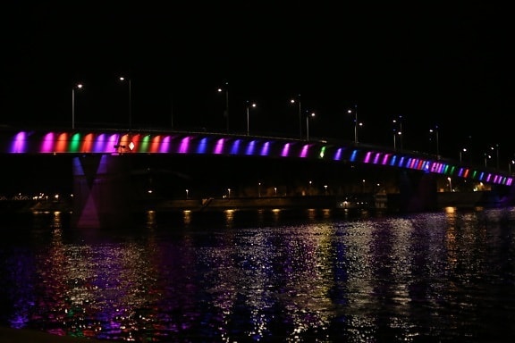 bridge, rainbow, night, calm, nighttime, river, cityscape, structure, city, architecture