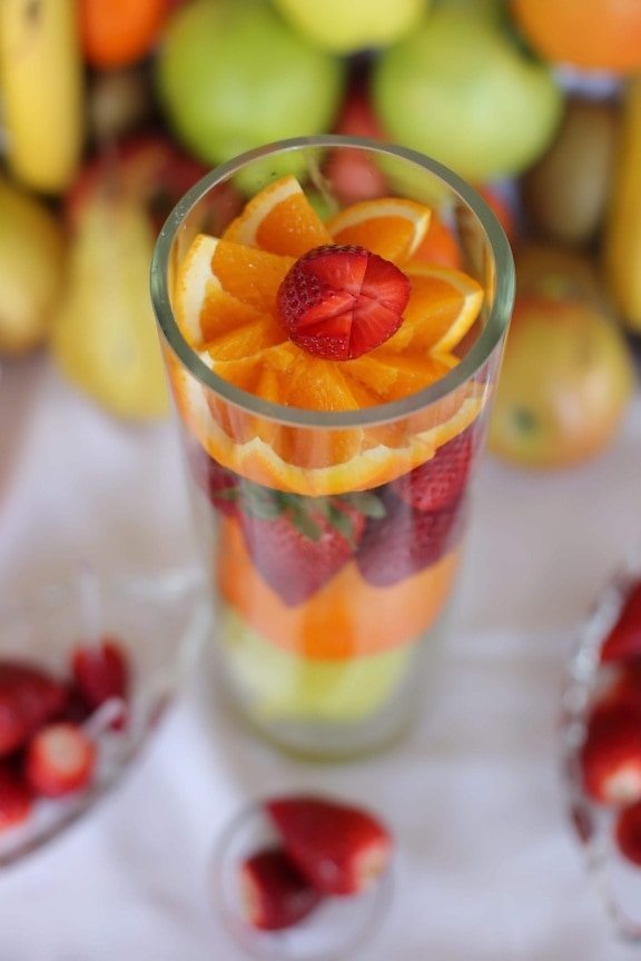 fruit cocktail, exotic, fruit, oranges, orange peel, glass, strawberries, fresh, sweet, dessert