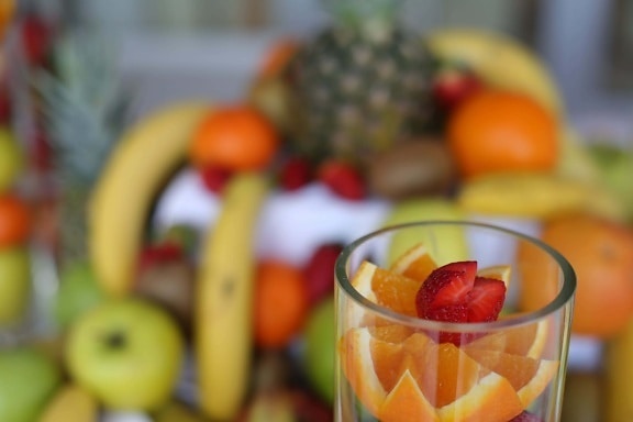 cáscara de naranja, fresas, naranjas, vidrio, completo, parte superior, fruta, dieta, salud, saludable