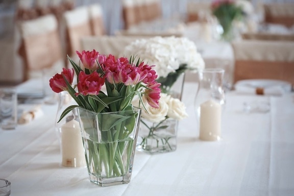 tulips, vase, dining area, table, candles, lunchroom, candlestick, ashtray, jar, flowers