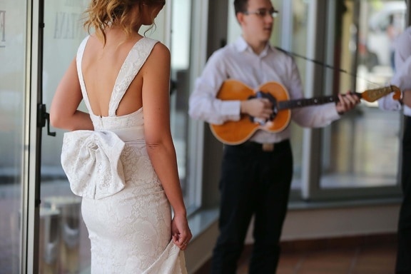 mariage, musicien, robe de mariée, célébration, danse, chant, femme, homme, gens, à l'intérieur