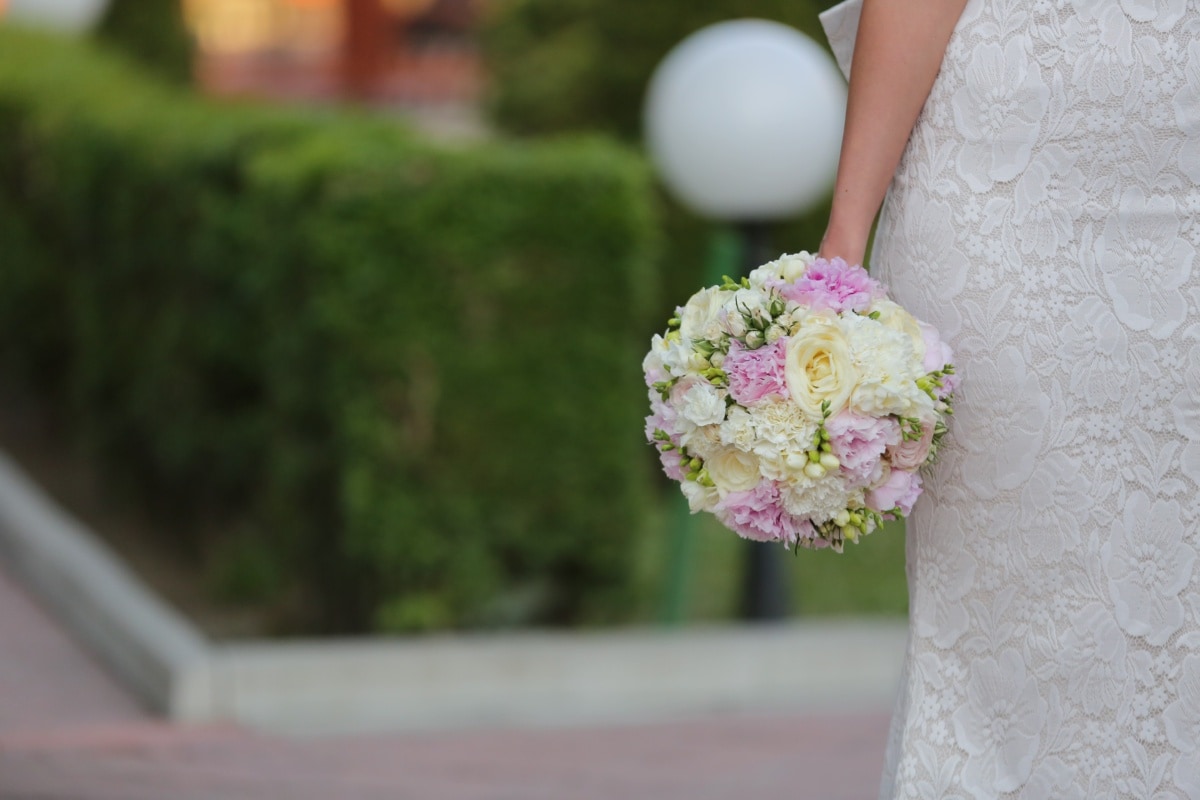 wedding dress, wedding bouquet, wedding, fashion, dress, elegance, bride, pink, flower, plant
