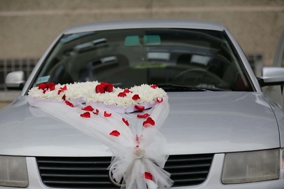 flores, boda, velo, coche, sedán, parabrisas, lujo, automóvil, ceremonia de, detalle