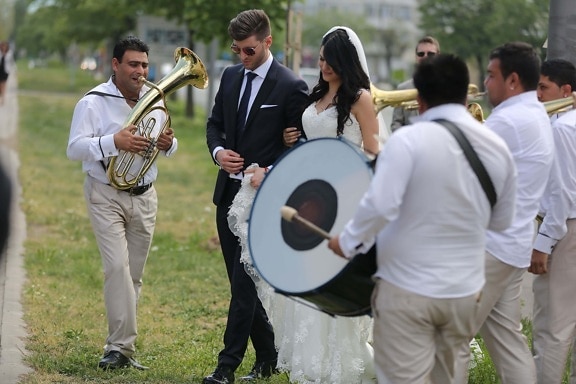 novio, novia, boda, trompeta, ceremonia de, músico, trompetista, celebración, tambor, Orquesta