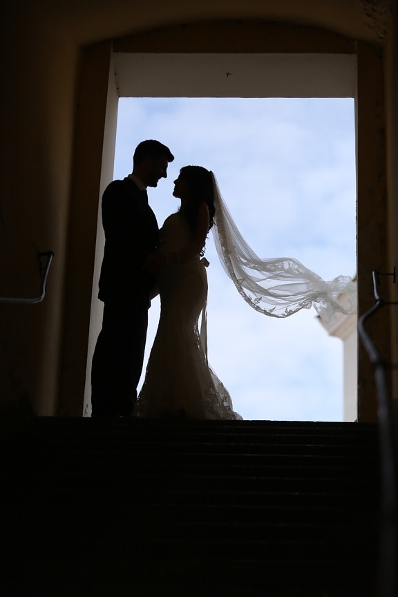 bride, veil, wind, husband, wedding, wedding dress, shadow, staircase, woman, groom