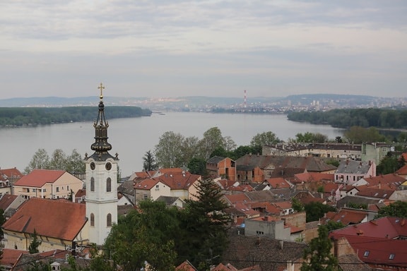 cityscape, river, panorama, church tower, roofs, residence, building, roof, architecture, monastery