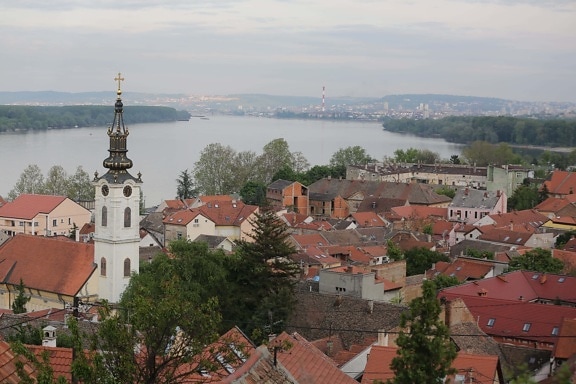 town, panoramic, church tower, riverbank, rooftop, residence, building, monastery, house, roof