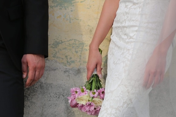 wedding bouquet, hands, wedding dress, togetherness, clothes, veil, wedding, woman, bride, groom
