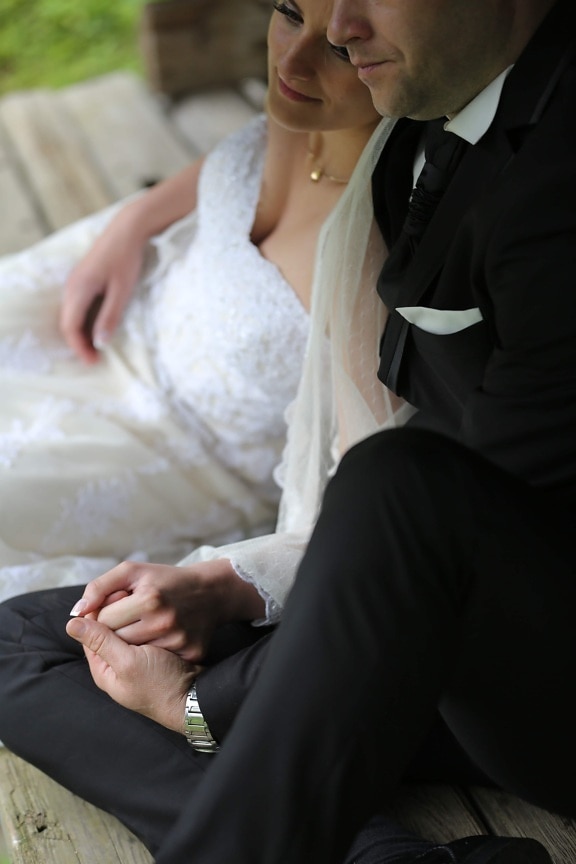 togetherness, wedding dress, suit, wife, relaxation, husband, necklace, rest, face, portrait
