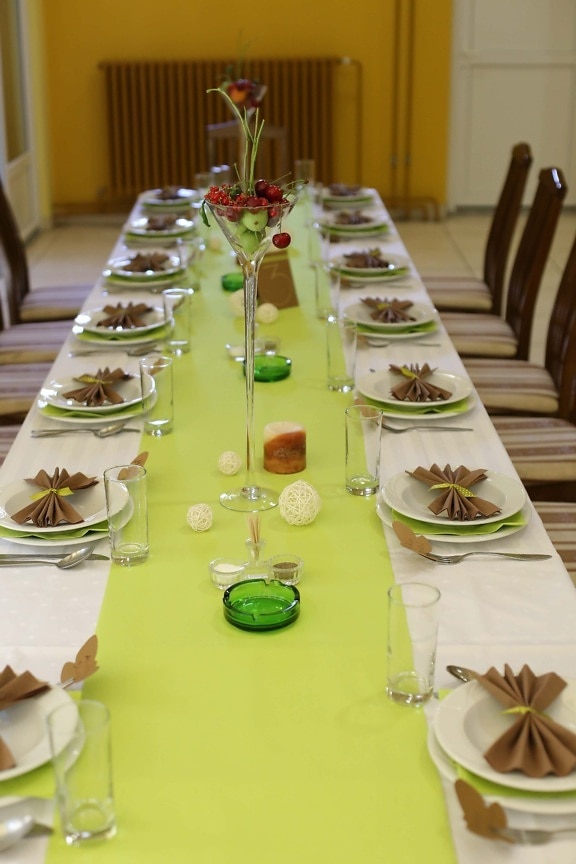 cutlery, tableware, fruit, cherries, chairs, table, furniture, dinner, food, restaurant