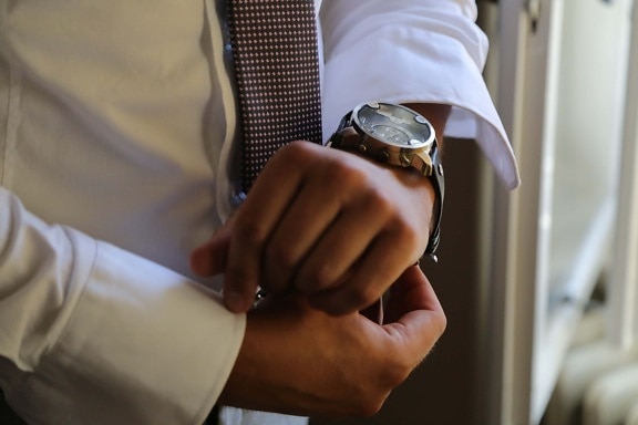 orologio analogico, orologio da polso, business, uomo d'affari, aziendale, cravatta, mano, uomo, dispositivo, professionale
