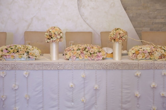 Hochzeitsstrauß, Hochzeit, Tischdecke, Dekoration, Tabelle, Restaurant, Blume, Luxus, drinnen, Interieur-design