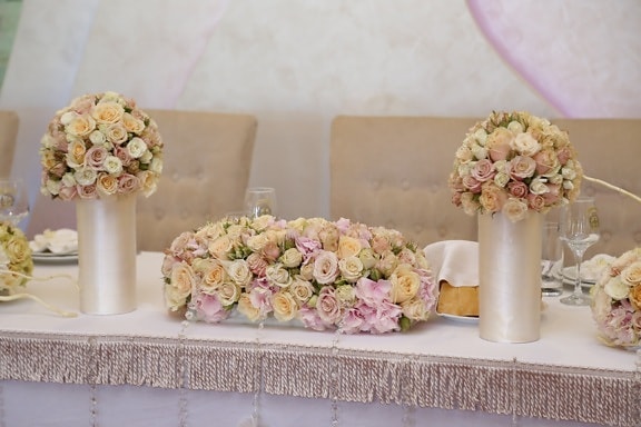 Tischdecke, Hochzeit, Tabelle, Vase, Blumenstrauß, Seide, Eleganz, Dekoration, Blume, Still-Leben