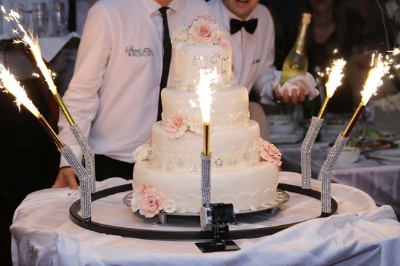 pastel de boda, ceremonia de, camarero, celebración, vino blanco, Champagne, vela, pareja, novia, boda
