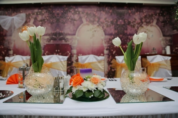 tulips, table, furniture, banquet, mirror, decorative, bouquet, food, dinner, vegetable
