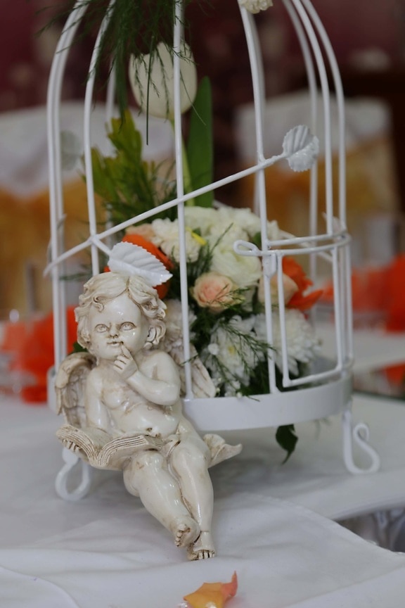 angel, cage, romantic, figurine, symbol, decoration, wings, lunch, indoors, traditional