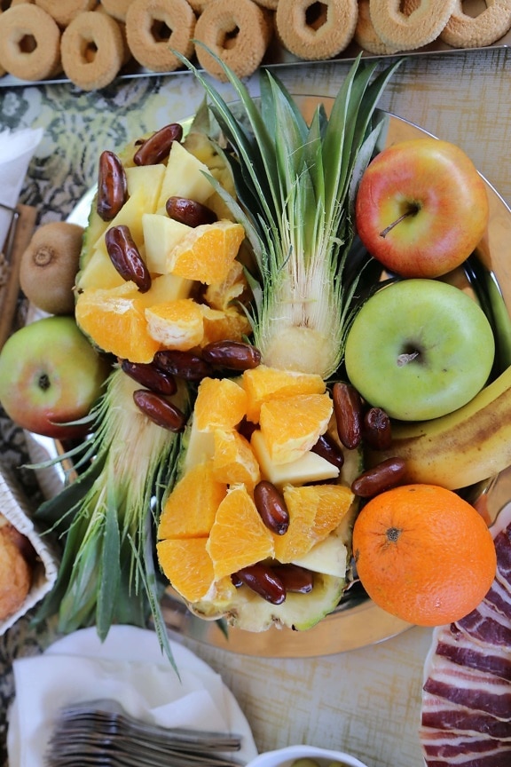 бисквитки, салата, ананас, салатен бар, ябълки, органични, плодове, портокали, тропически, гарнитура