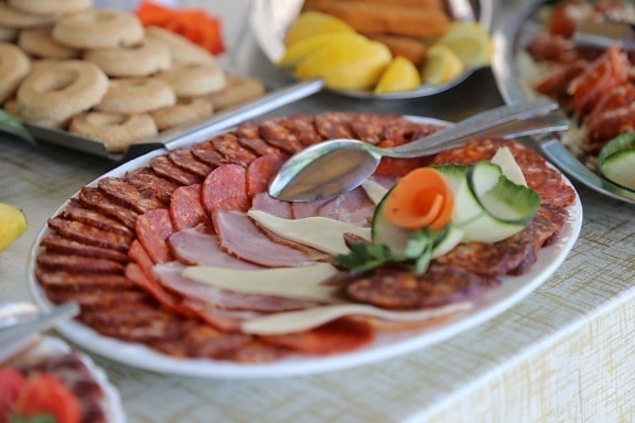 salami, buffet, pork loin, sausage, pork, banquet, appetizer, food, meal, meat