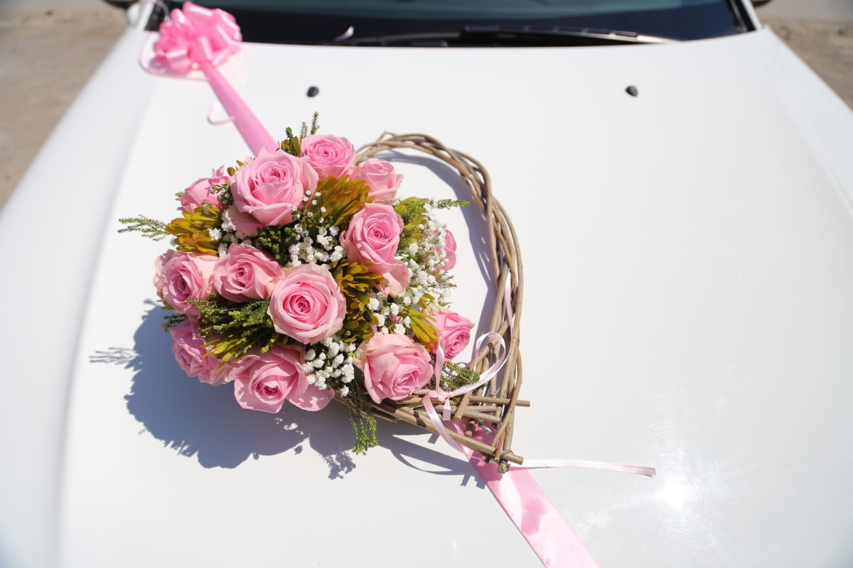 ręcznie robione, kształt, serce, Ceremonia, ślub, celebracja, samochodu, kwiat, kwiaty, różowy