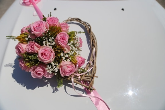 バラ, 手作り, ピンク, 心, ロマンチックです, バレンタインの日, ローズ, 花束, 花, 愛
