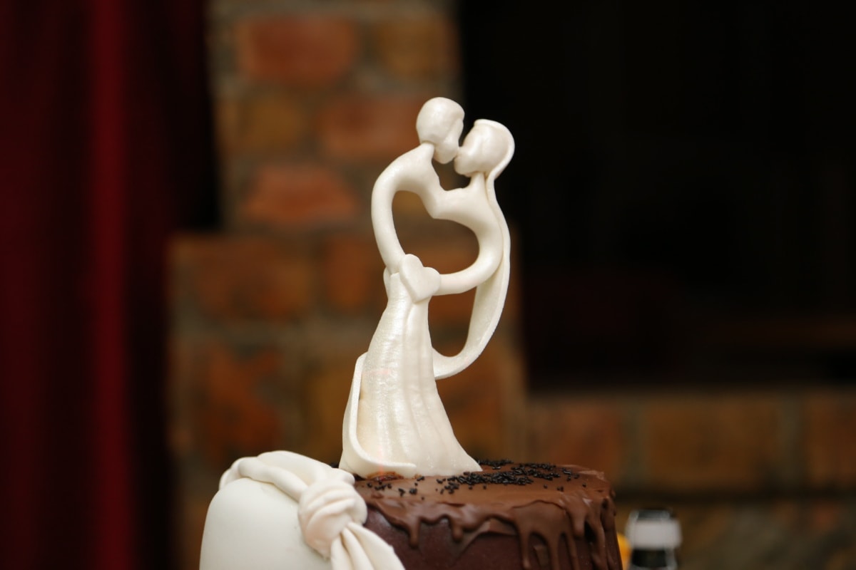 bryllup kake, sjokoladekake, figur, symbolet, kjærlighet, sjokolade, krem, mat, mørk, bryllup