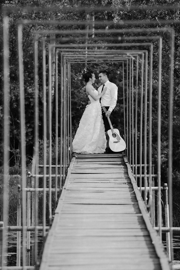 noivo, noiva, guitarrista, guitarra, músico, pessoas, homem, mulher, casamento, passo