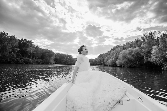 vestito da sposa, sposa, barca, Lago, matrimonio, acqua, fiume, bianco e nero, natura, tempo libero