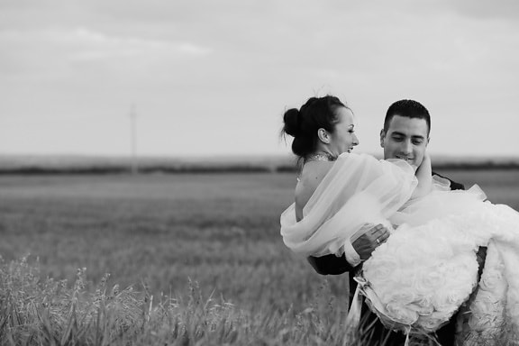 groom, bride, hold, agriculture, field, smile, wedding dress, happy, people, summer
