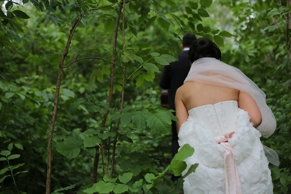 bride, forest, forest trail, wedding dress, veil, groom, wedding, dress, happiness, love