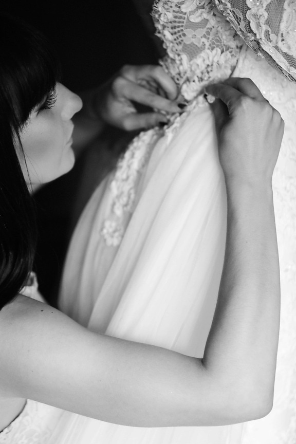 mode, robe de mariée, fait main, mains, femmes, noir, noir et blanc, cils, visage, doigt