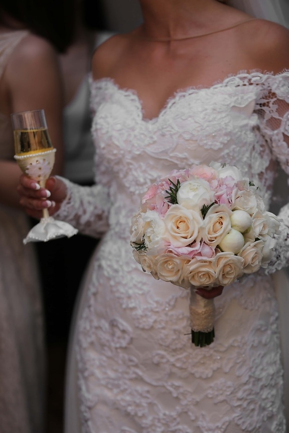 bruid, Champagne, bruidsboeket, witte wijn, trouwjurk, viering, ceremonie, drankje, bruiloft, regeling