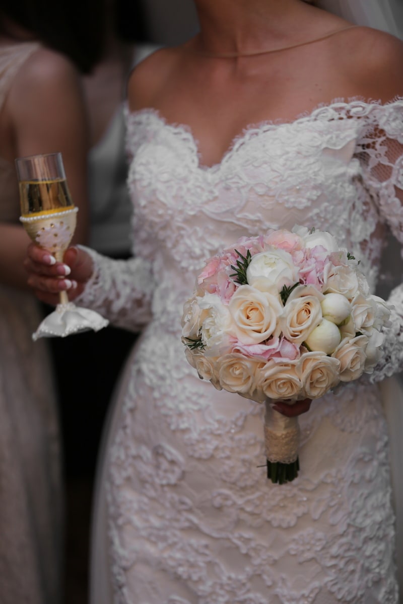 bride, champagne, wedding bouquet, white wine, wedding dress, celebration, ceremony, drink, wedding, arrangement