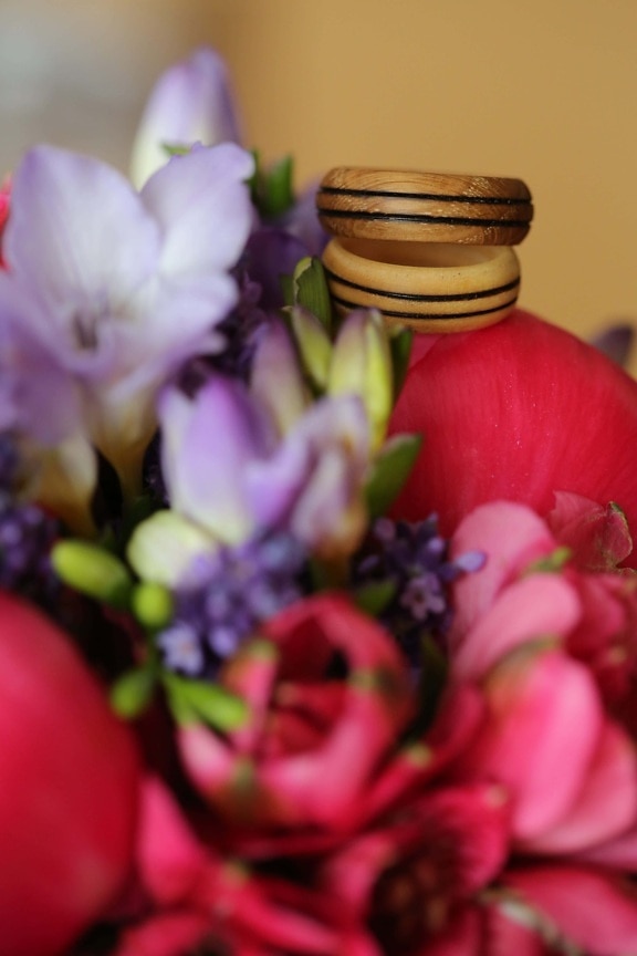 wooden, wedding ring, handmade, rings, arrangement, petals, petal, pink, plant, tulip