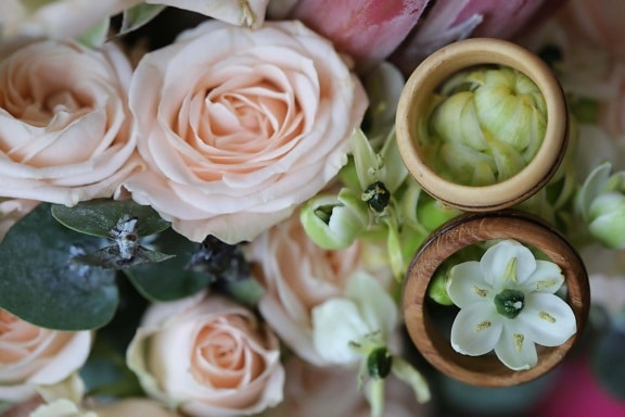 bouquet, wedding ring, wooden, handmade, roses, flower, arrangement, decoration, wedding, rose