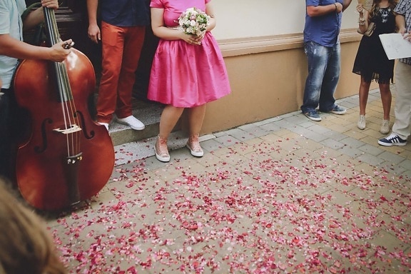 ceremony, musician, music, wedding, petals, pavement, skirt, fashion, people, legs