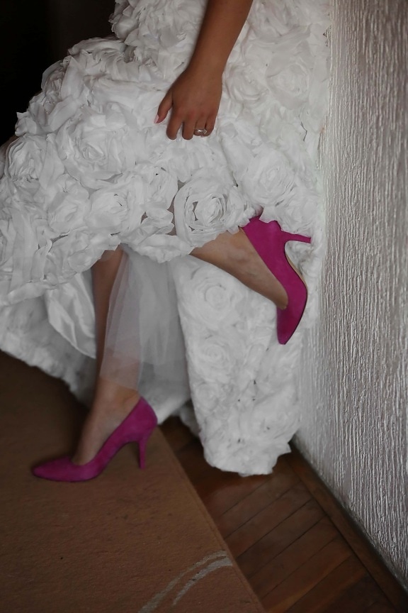 wedding dress, sandal, shoes, posing, girl, wedding, woman, portrait, people, bride