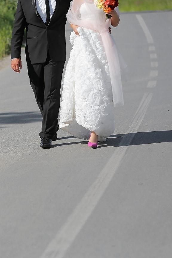 suit, wedding dress, wife, road, husband, lifestyle, traffic, walking, together, life