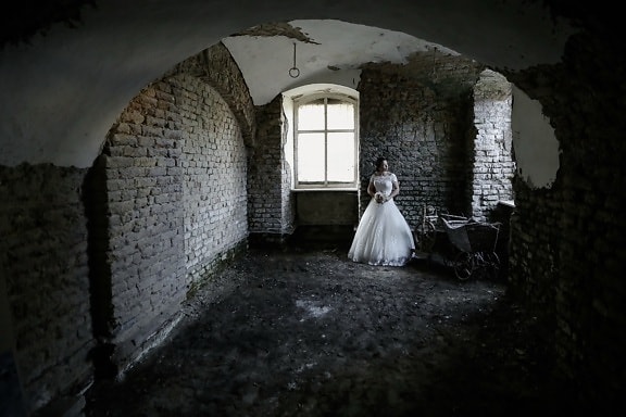 wedding dress, bride, basement, dungeon, decay, alone, ruin, old, building, architecture