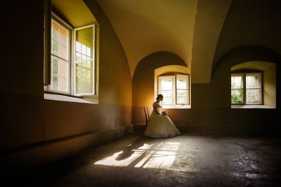 window, alone, bride, empty, chair, room, architecture, indoors, house, light