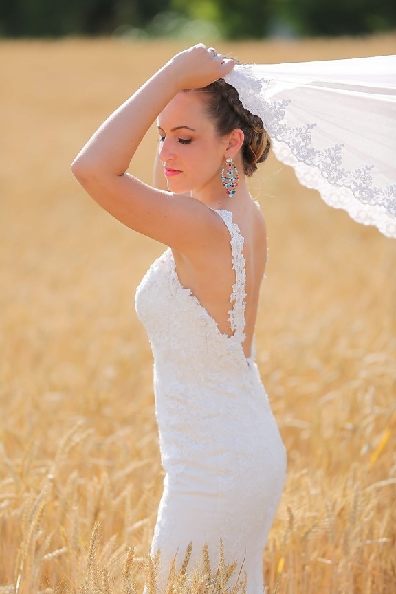 wheatfield, bride, veil, wedding dress, hairstyle, photo model, earrings, young woman, dress, fashion