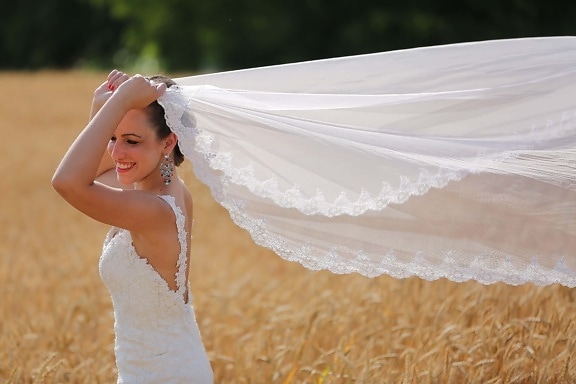 wedding dress, veil, happiness, bride, smile, face, portrait, parasol, woman, marriage