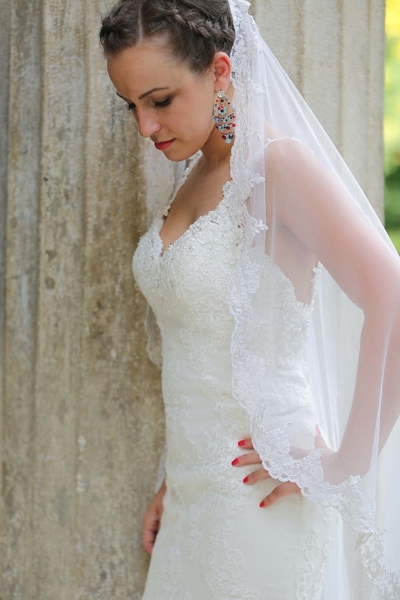 pretty, bride, wedding dress, earrings, side view, veil, dress, woman, fashion, wedding