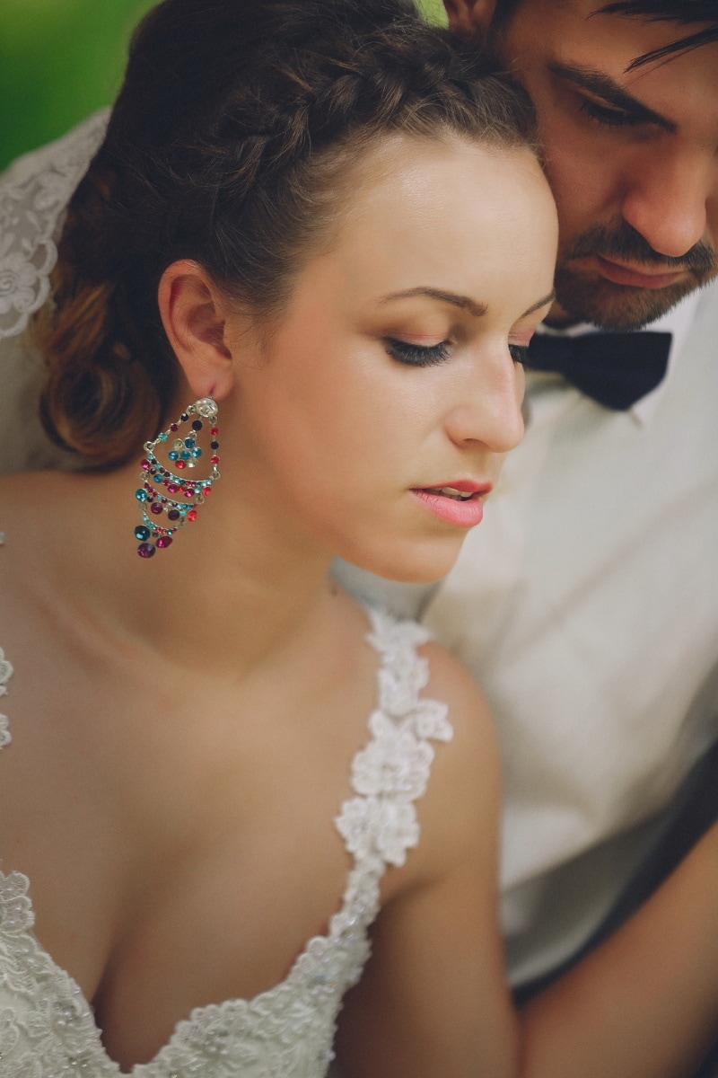 wedding dress, groom, bride, embrace, affection, earrings, beard, jewelry, portrait, face