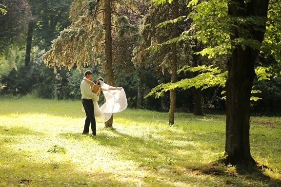 holding, man, wife, wedding dress, forest, sunshine, tree, park, trees, outdoors