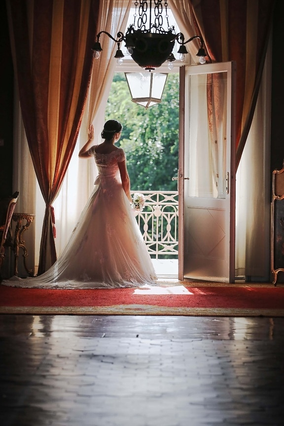 decor, balcony, bride, wedding bouquet, wedding dress, chandelier, groom, people, wedding, dress