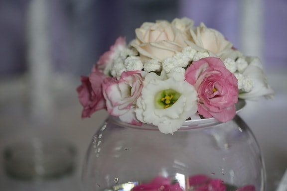 sticlă, eleganta, cristal, castron, buchet, flori albe, trandafiri, flori, decor, aranjament