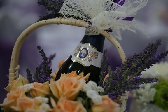 red wine, bottle, lavender, roses, wicker basket, flower, arrangement, decoration, nature, bouquet