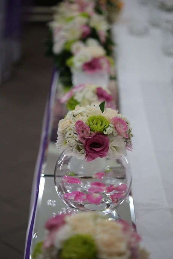 decoración, florero de, cristal, tazón de fuente, zona de comedor, ramo de la, flor, novia, recepción, elegante