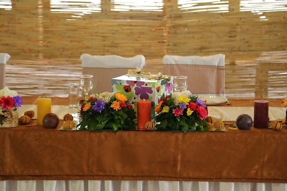 tablecloth, candle, gifts, table, box, structure, flowers, flower, indoors, decoration